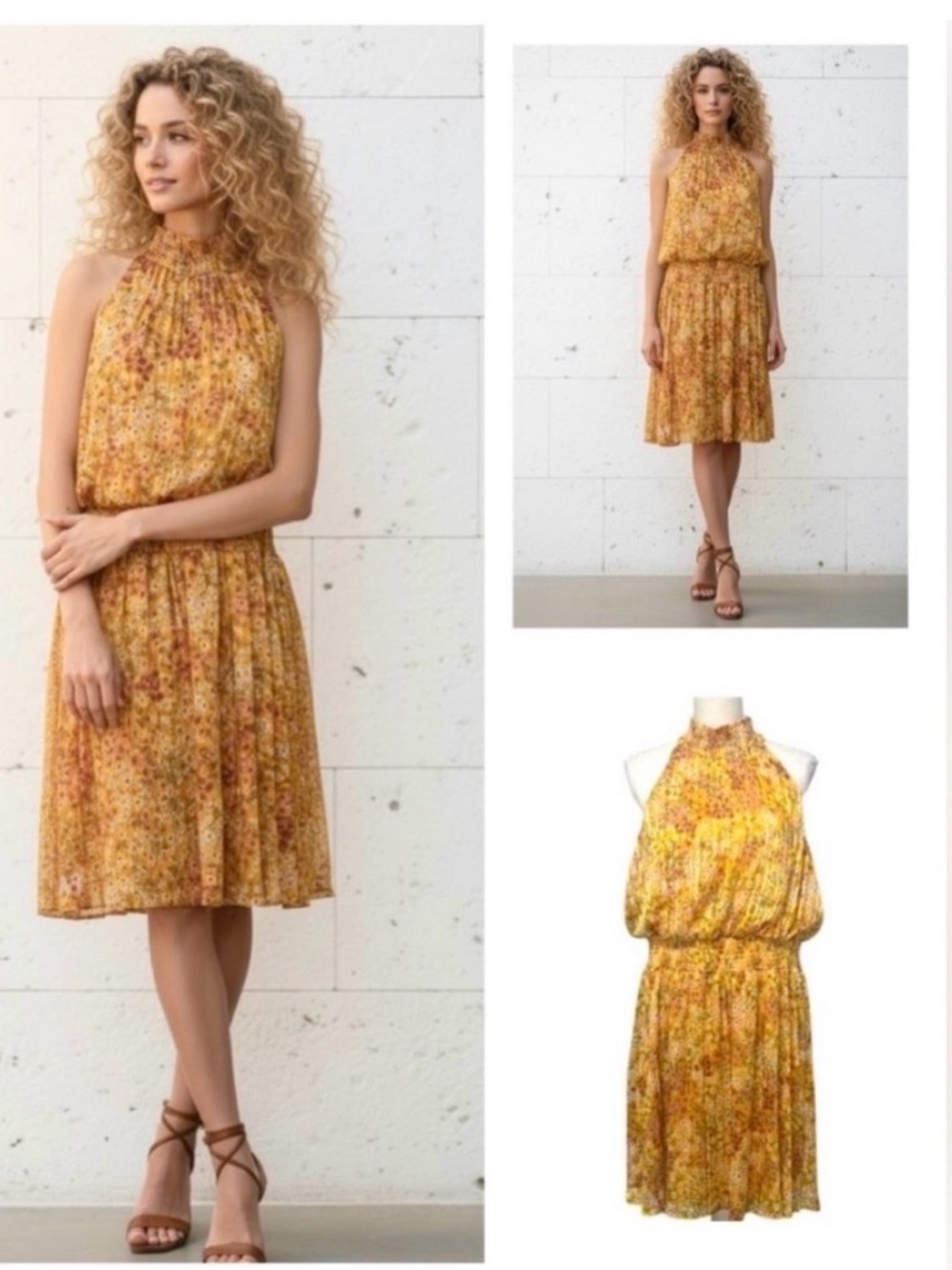 BCBG Paris Floral Yellow Halter Dress pink and green Elastic waistband XL